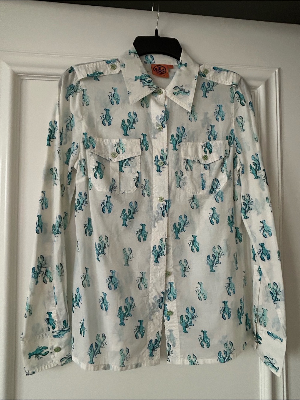 ⛵️⛴️🦞🦞🦞Tory Burch White Shirt with Teal Lobster Print🦞🦞⛵️